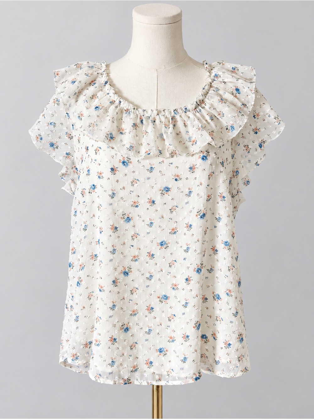 LOFT Cream Floral Ruffle Neck Blouse
